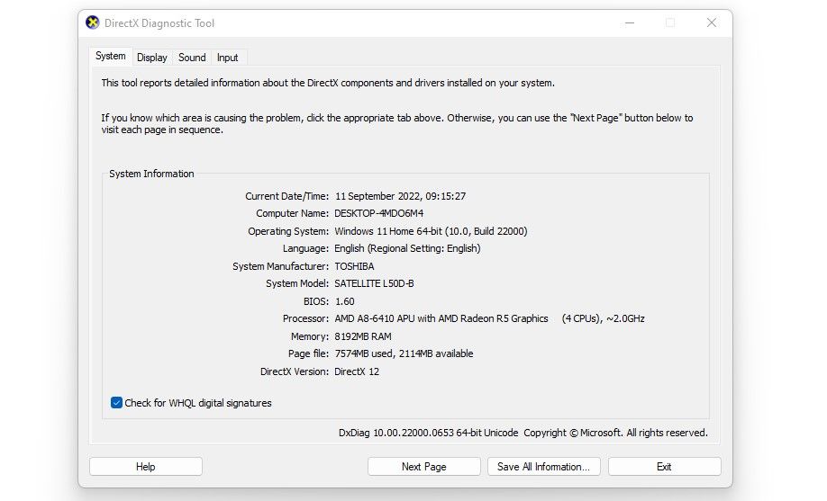 Checking the DirectX Version in Windows’ DirectX Diagnostic Tool