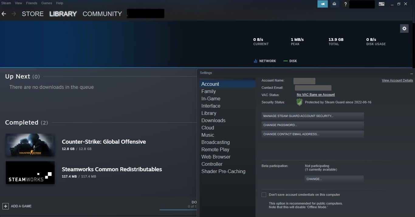 Checking the VAC Status by Clicking on Account Tab in Steam Client Settings