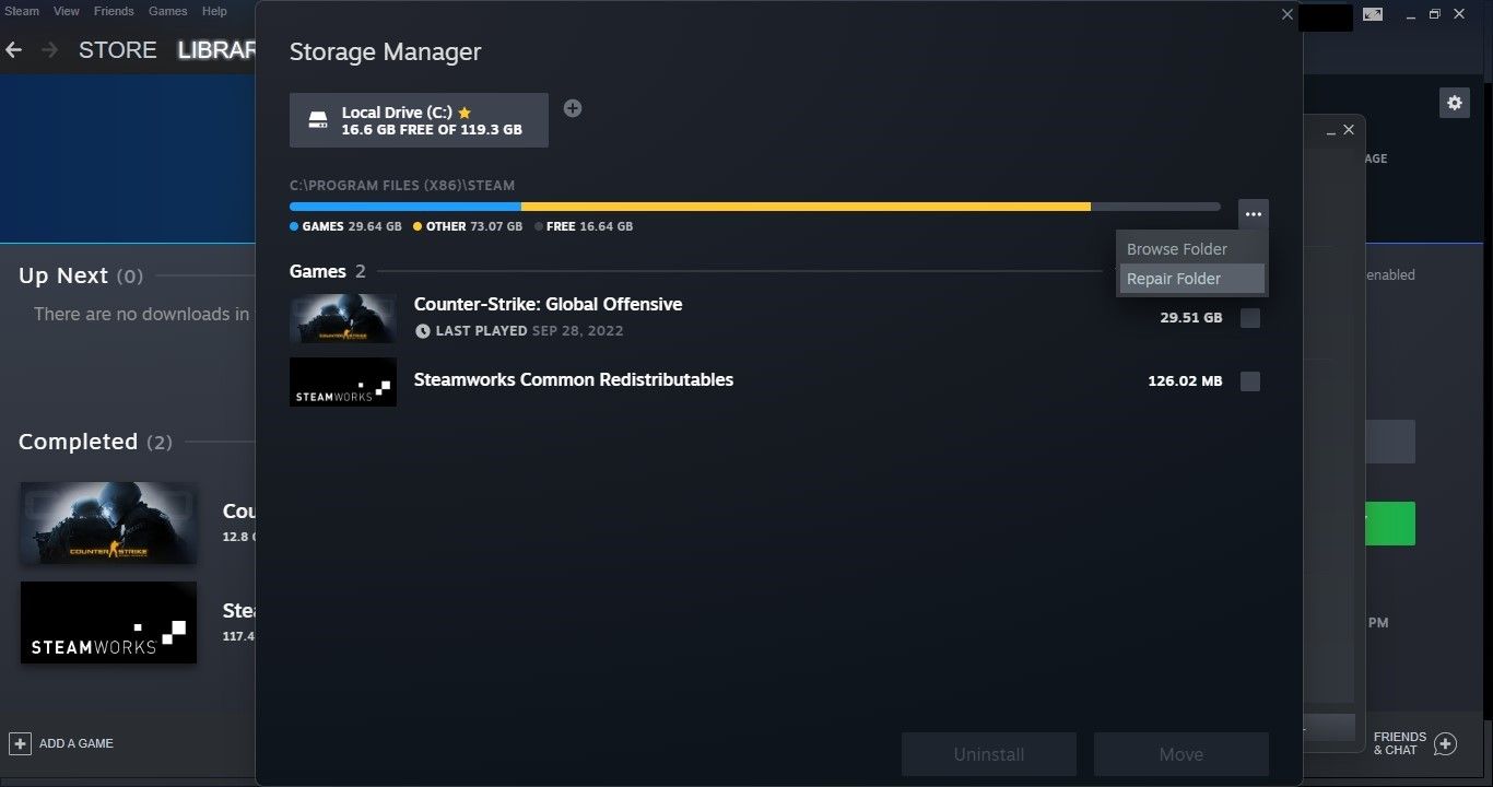 Repairing the Steam Folder by Clicking on Three Horizontal Dots Next to Storage Location in Steam Settings