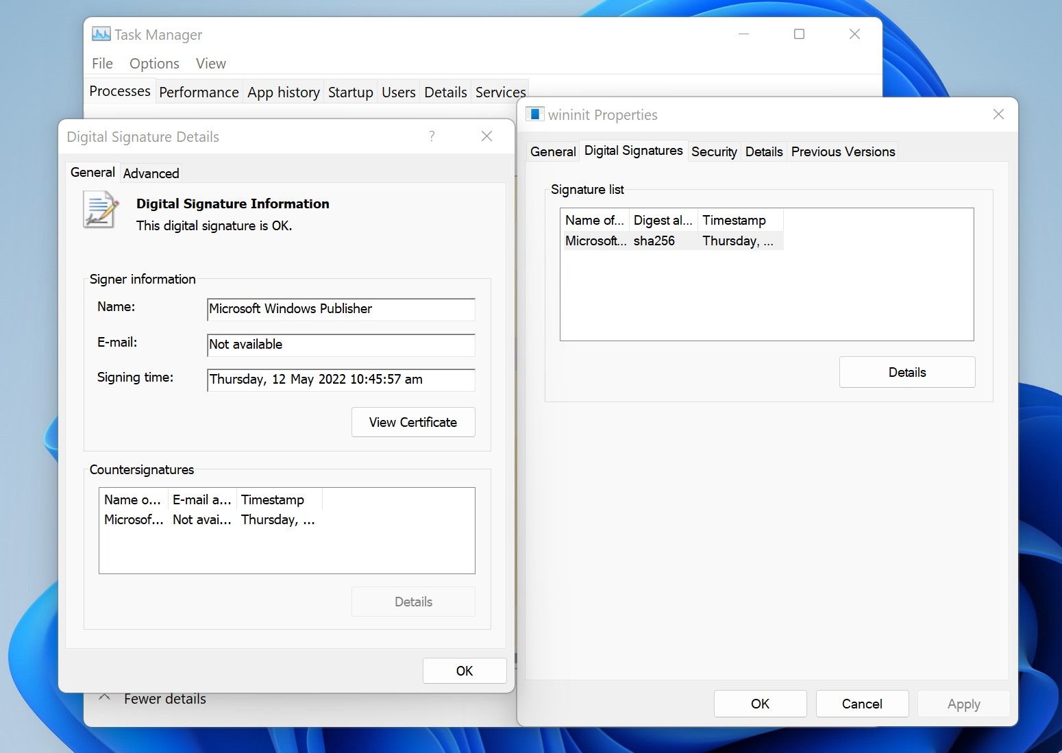 اطمینان از مشروعیت فرآیند با بررسی گواهی در تب امضاهای دیجیتال در Task Manager ویندوز