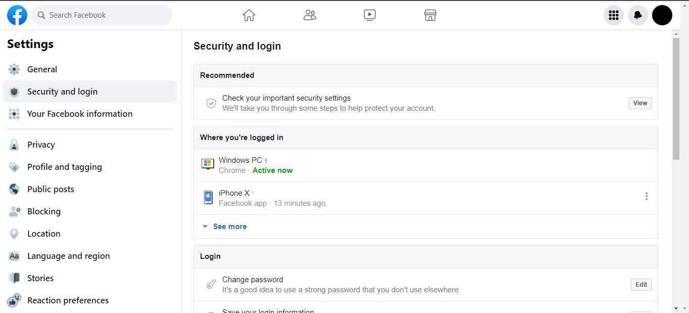 Opening Security and Login Settings in Facebook
