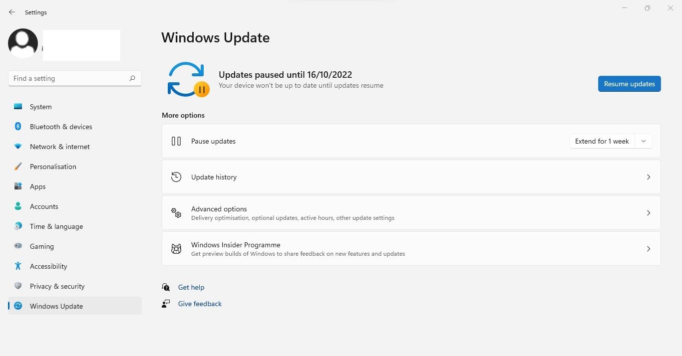 Paused Windows Updates in Windows Settings App