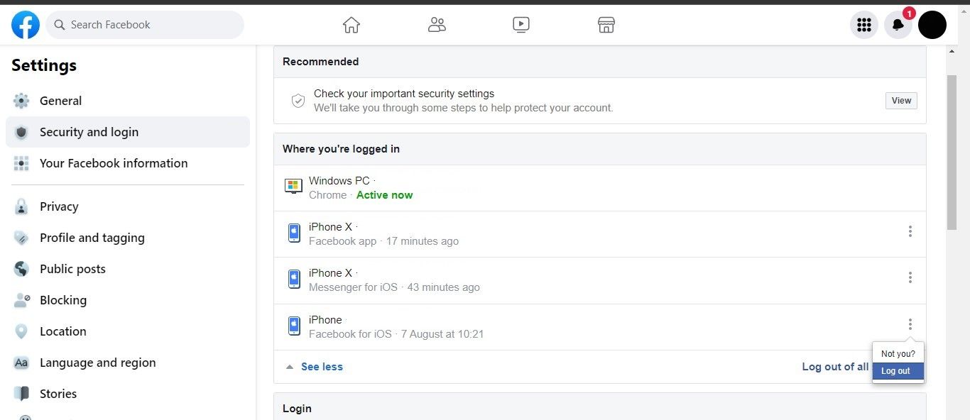 Logging Out of a Session Active on Unknown Device by Clicking on Log Out Button in Facebook Settings