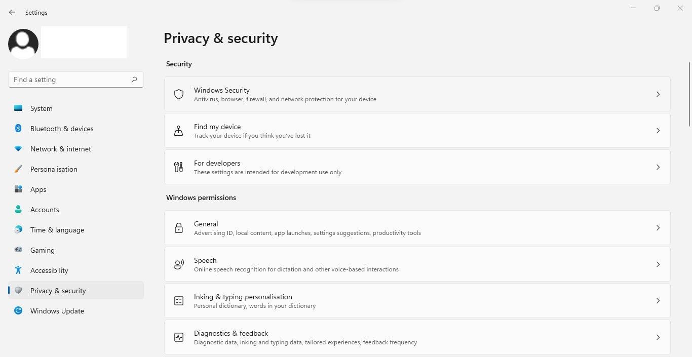 Opening Windows Security Option by Clicking on Privacy and Security in Windows Settings App