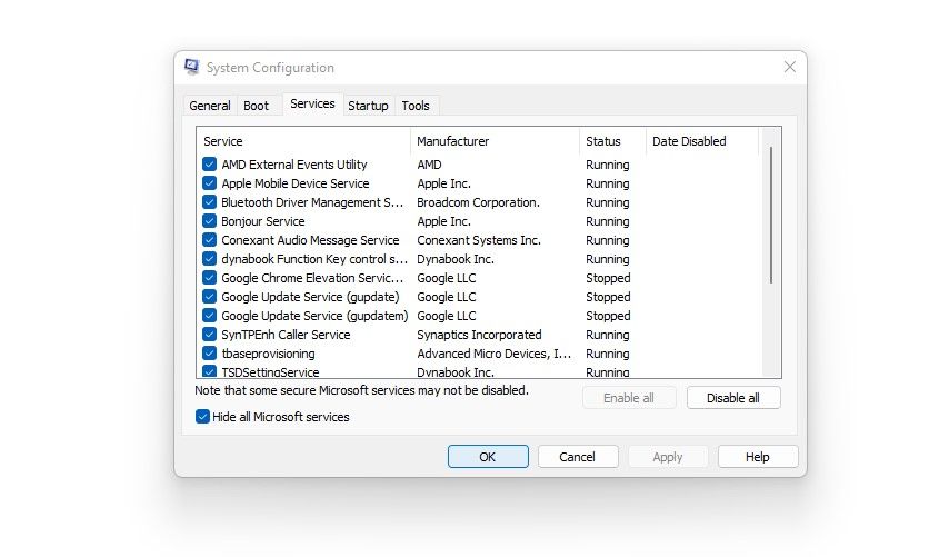 Checking the Box for Hide All Microsoft Services Option in Service Tab in Windows System Configuration App