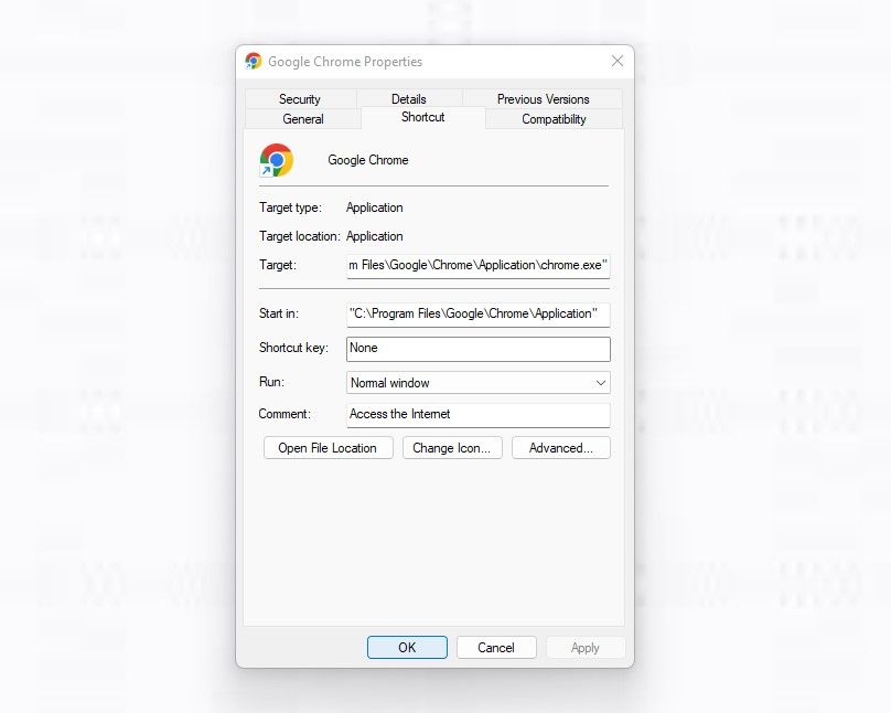 Checking the Target Field of Chrome;’s Shortcut in Properties Window in Windows