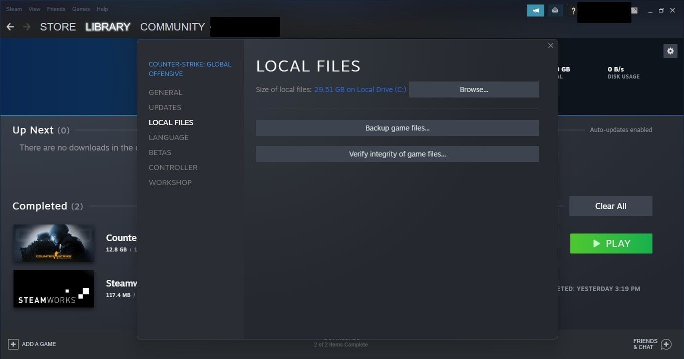 Clicking on Verify Integrity of Games Files under Local Files Tab in Game’s Properties Window