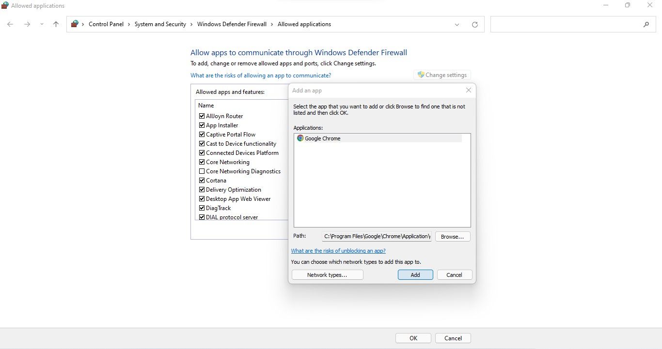 Clicking on Add Button after Selecting Chrome’s Executable File to Whitelist It in Windows Defender Firewall