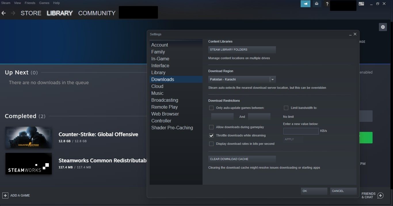 Opening the Steam Library Folder by Clicking on the Downloads Tab in Steam Settings