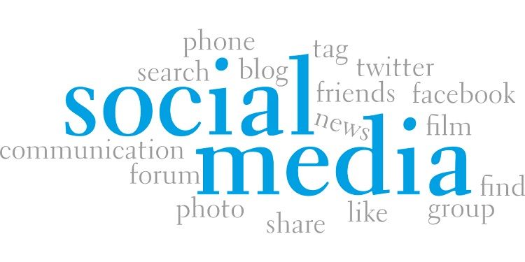Image of the word social media surrounded by different words relating to it