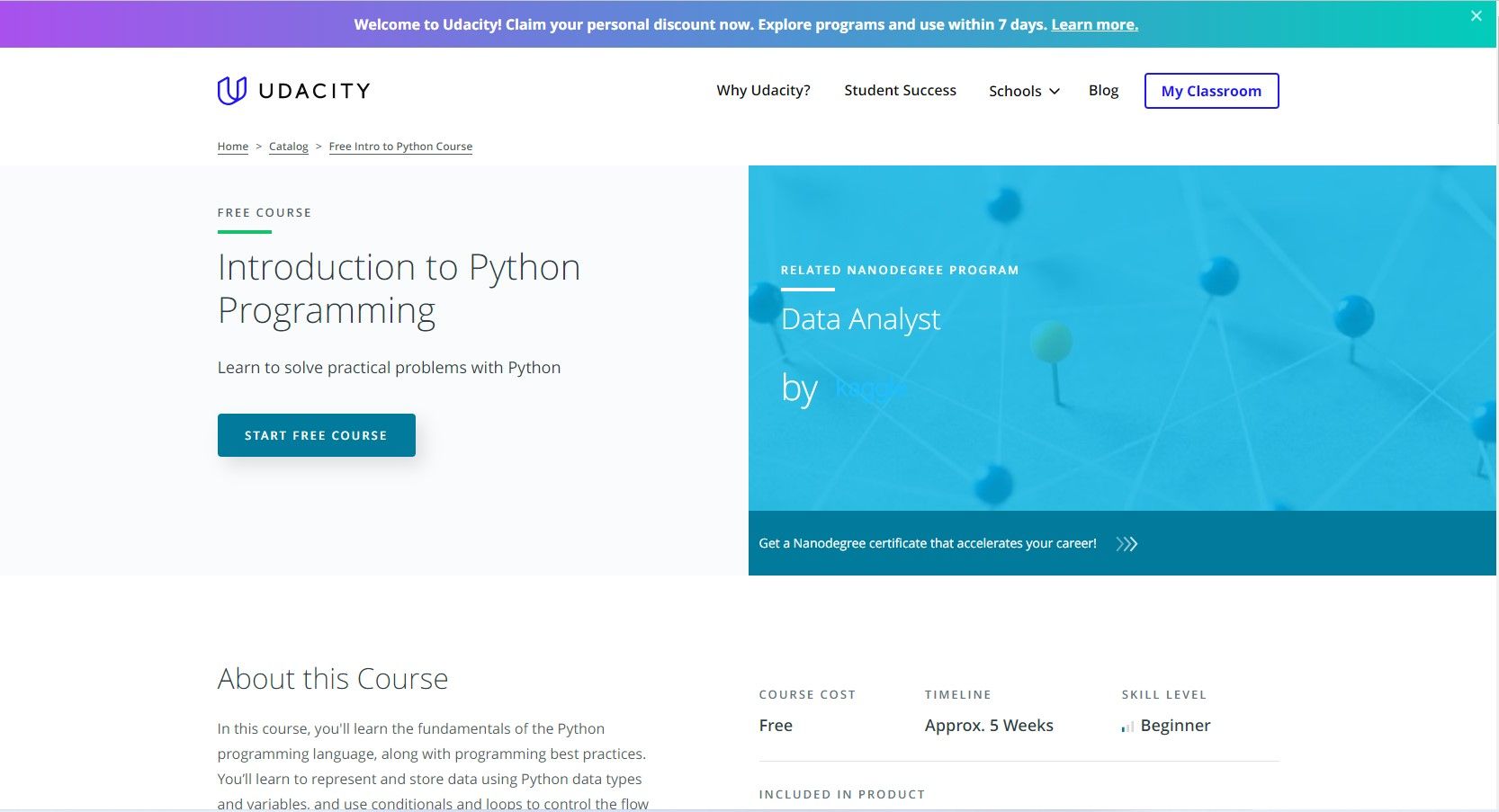 Webpage interface with Introduction to Python Programming course details