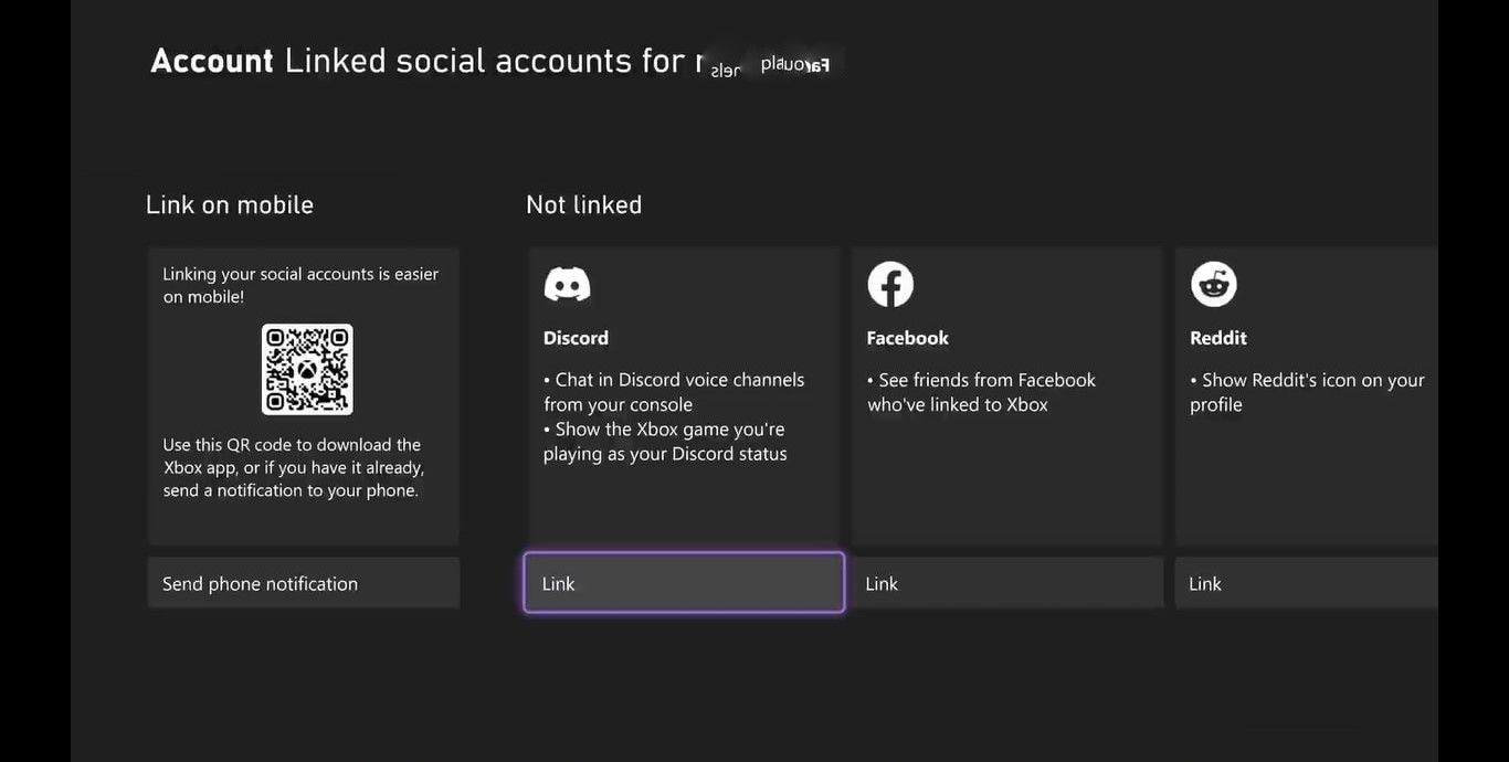 A screenshot of the available social accounts on an Xbox console with Discord highlighted 