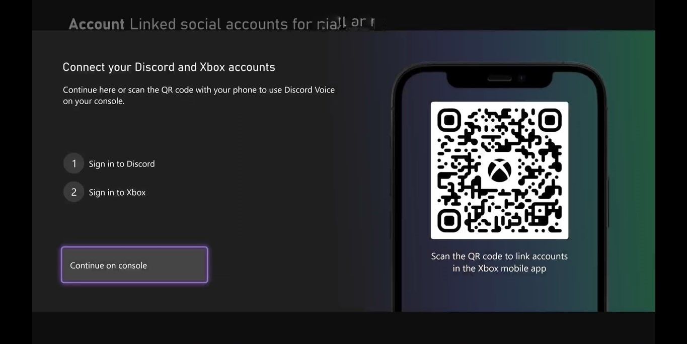A screenshot of the account link page for Discord on Xbox with a QR code option