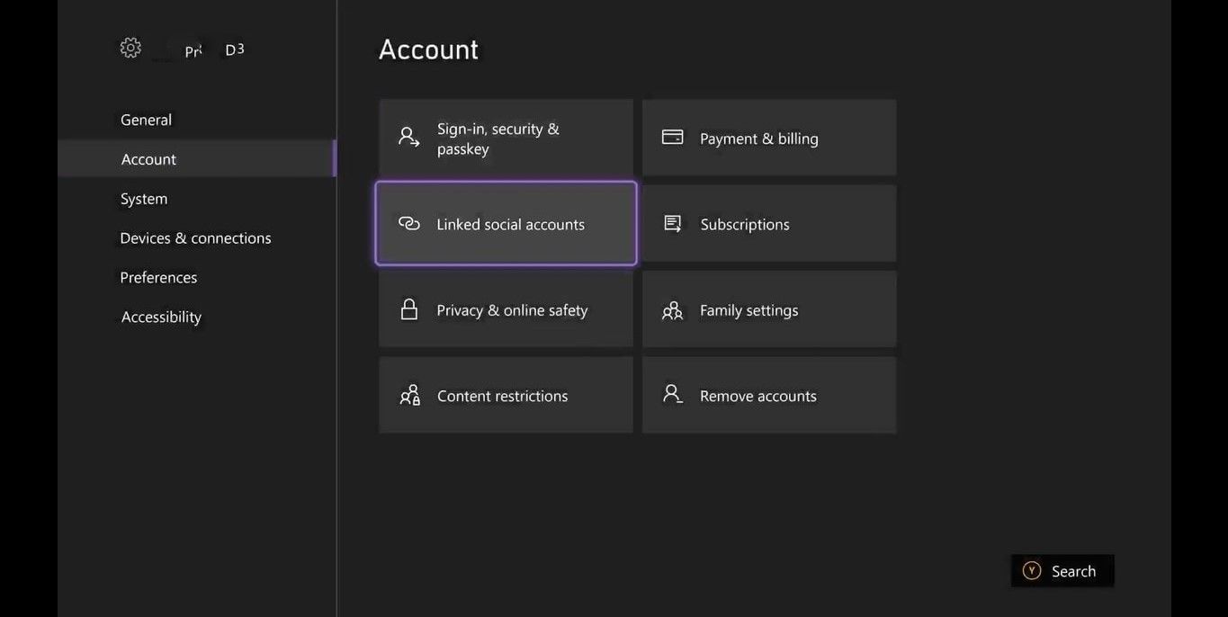 A screenshot of Xbox account settings with Link social accounts highlighted 