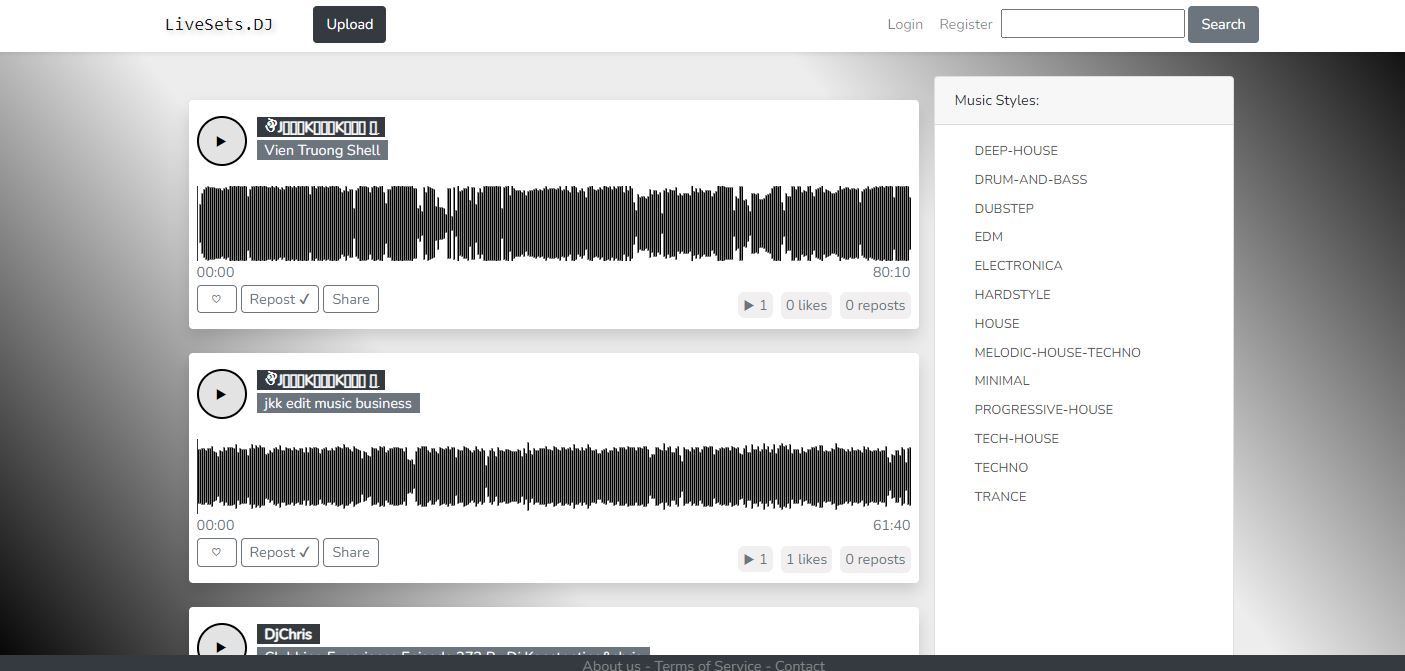 Screenshot of LiveSets DJs Landing Page