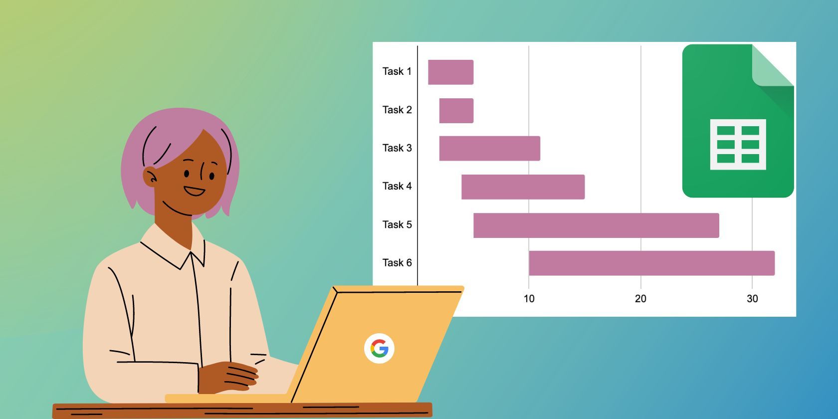 Illustration of woman at desk with Gantt chart