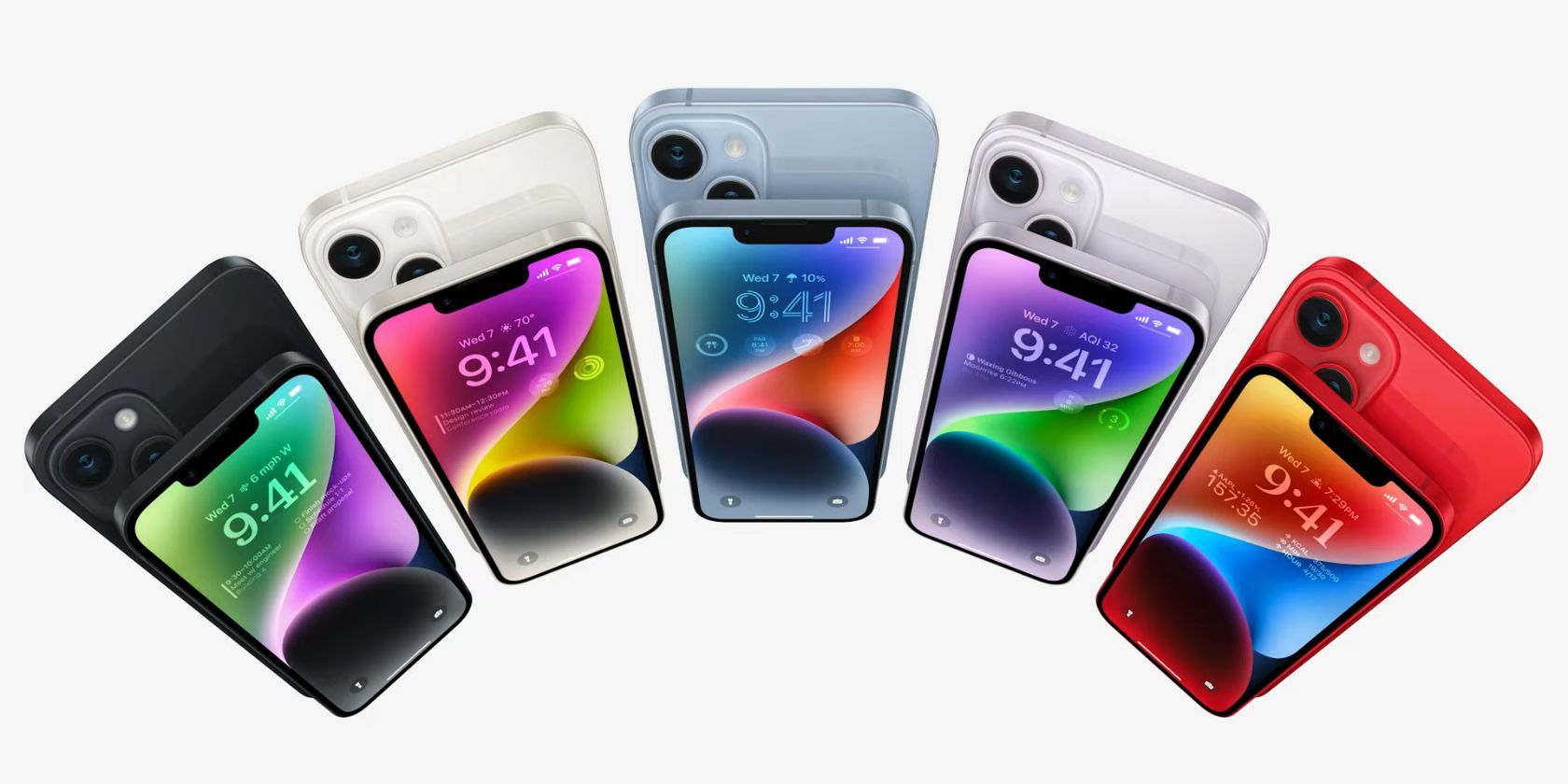 all iphone 14 and 14 plus colors: midnight, starlight, blue, purple, and red