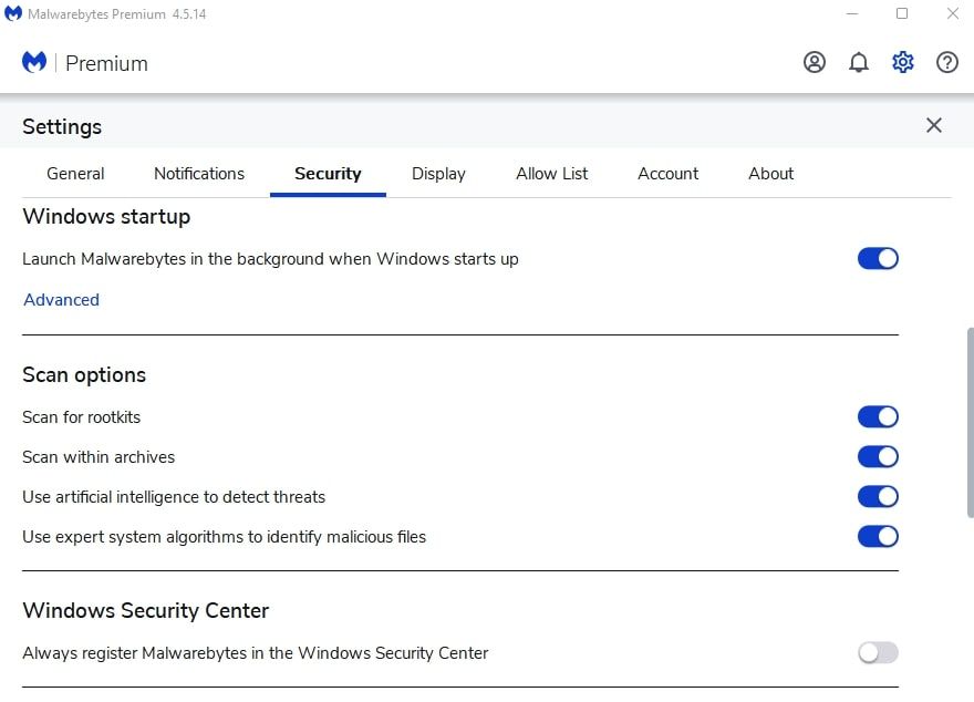 Malwarebytes Windows Security Center