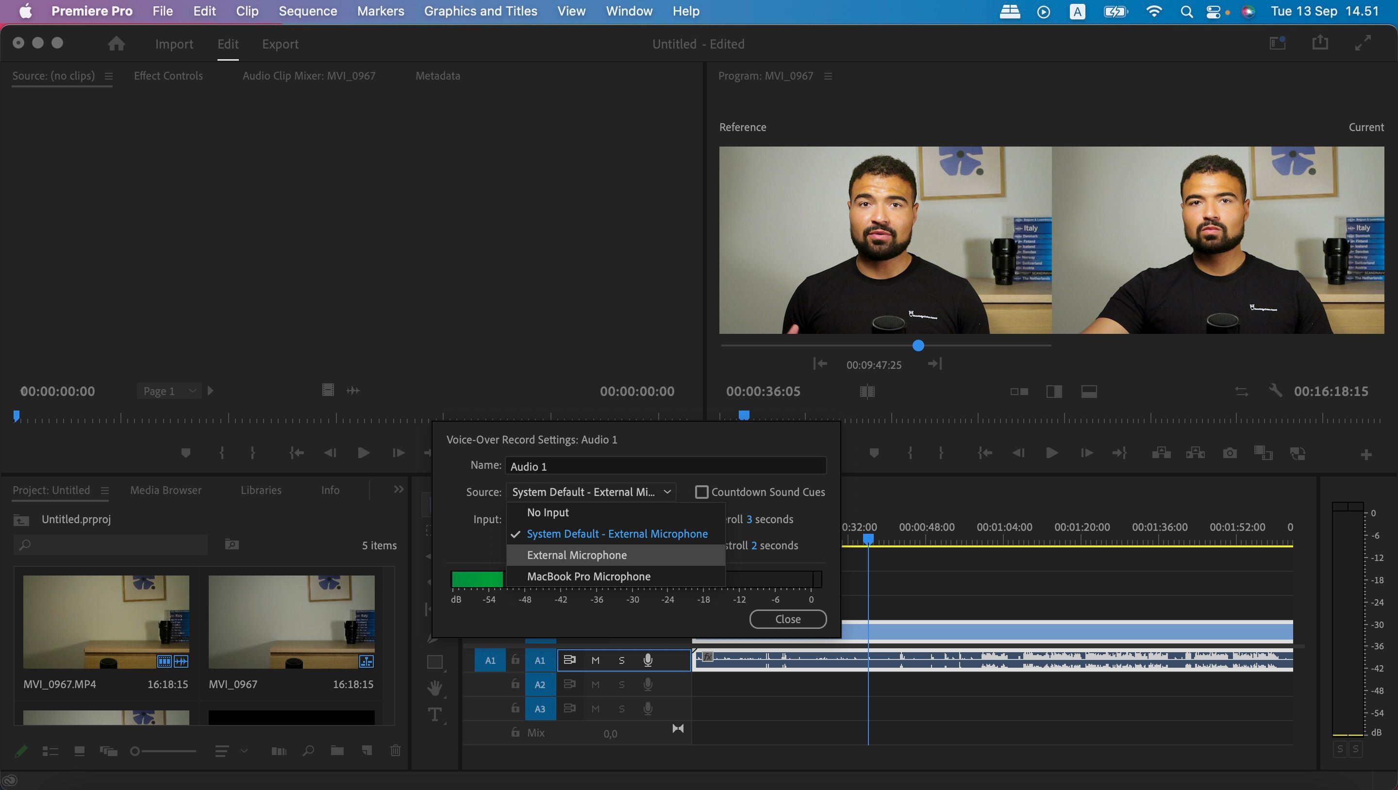 تنظیمات میکروفون در Premiere Pro