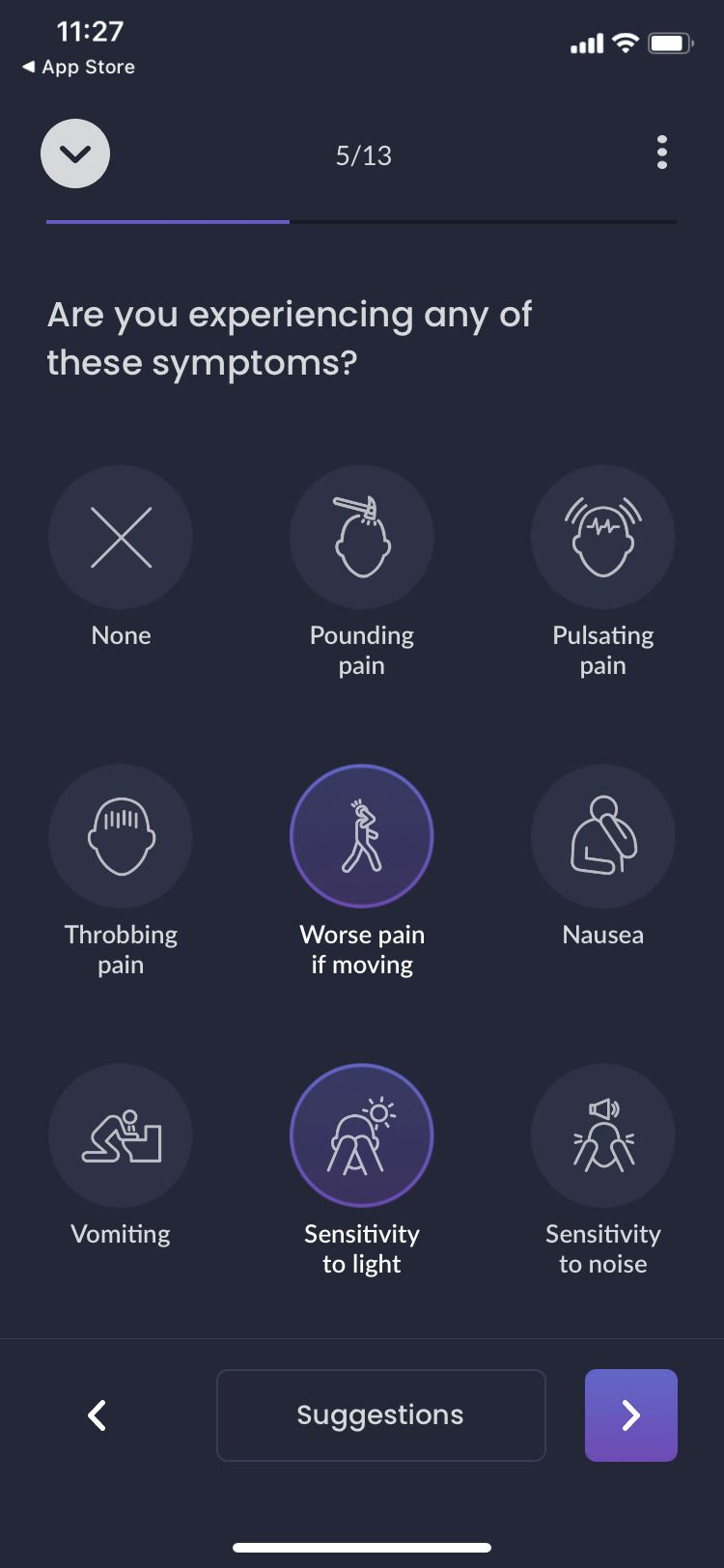 Migraine Buddy App symptoms list