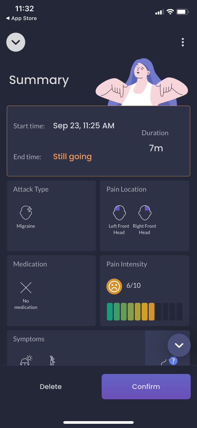 Migraine Buddy app summary screen one