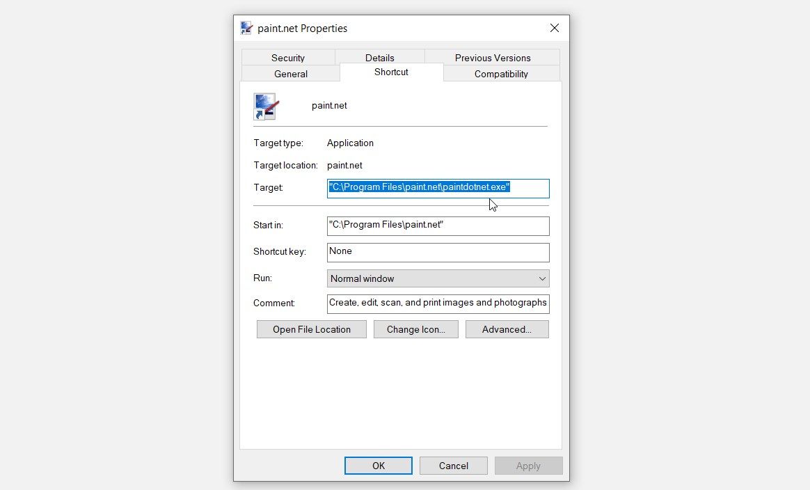 Mouse pointer placed on the file path indicated in the Target box