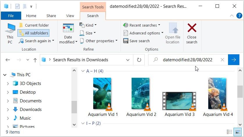 نشانگر ماوس روی گزینه "Date modified" در نوار جستجوی File Explorer قرار داده شده است