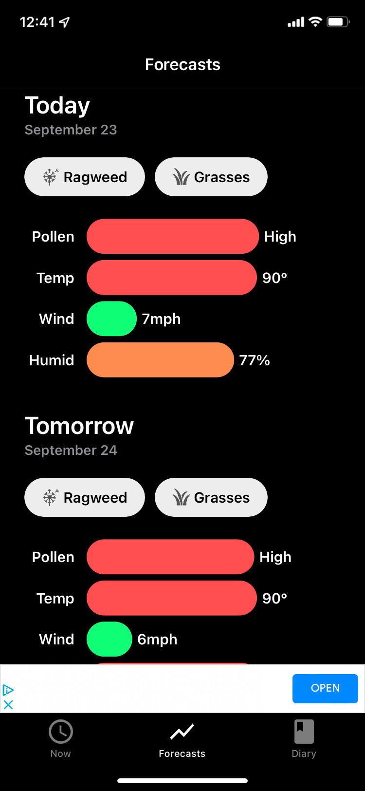My Pollen Forecast app home screen