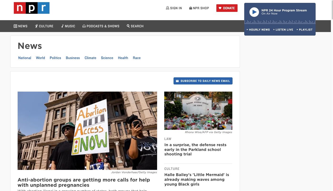 Screenshot of NPR news homepage