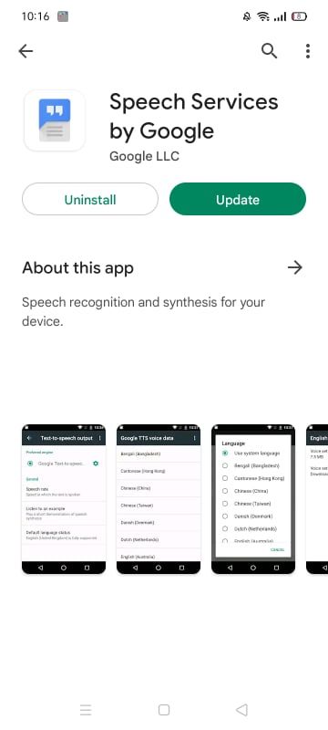 Navigating to the Speech Services by Google App in Search Results of the Google Play Store