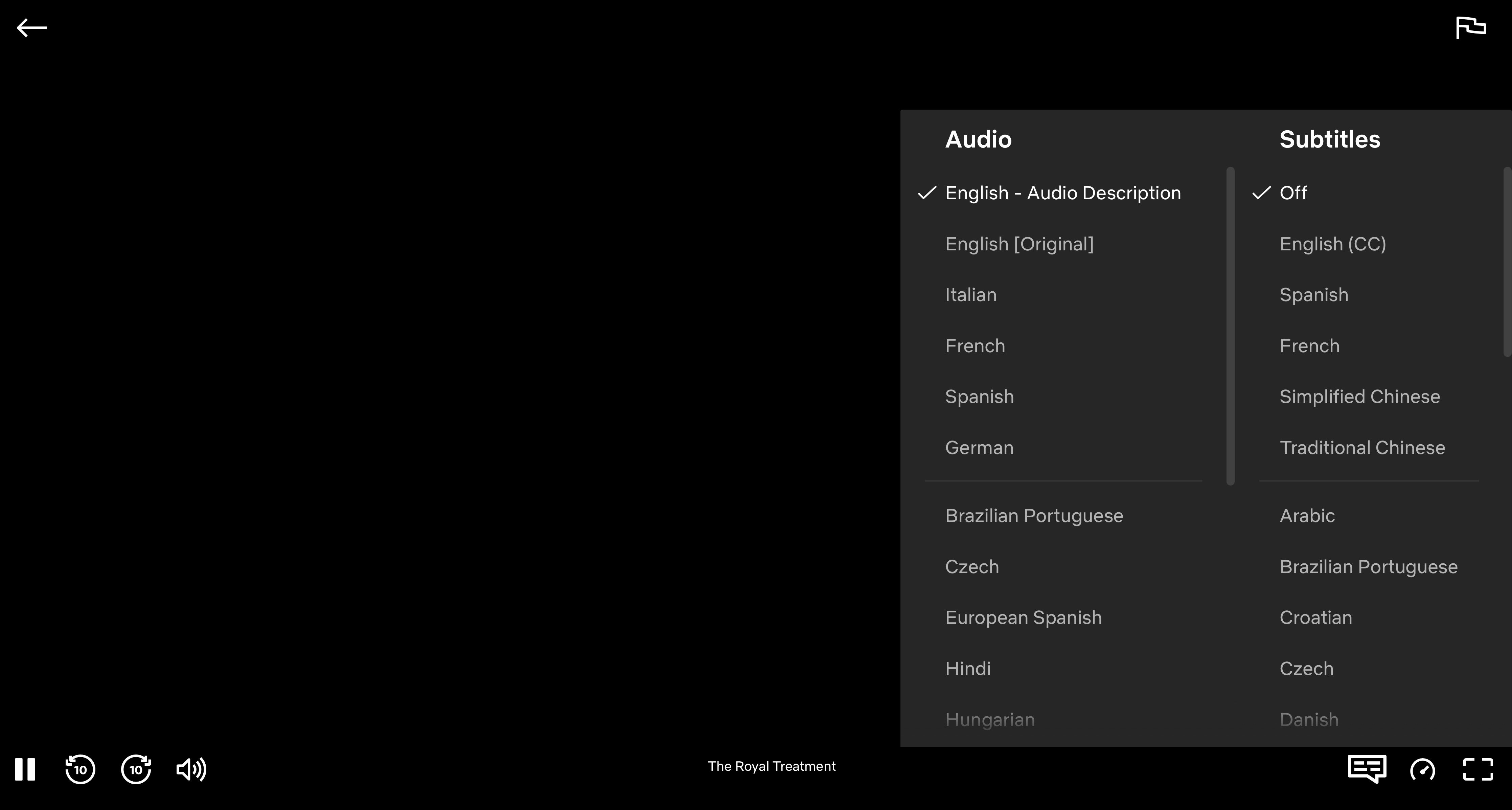 Netflix Audio and subtitle tab with audio description setting options. 