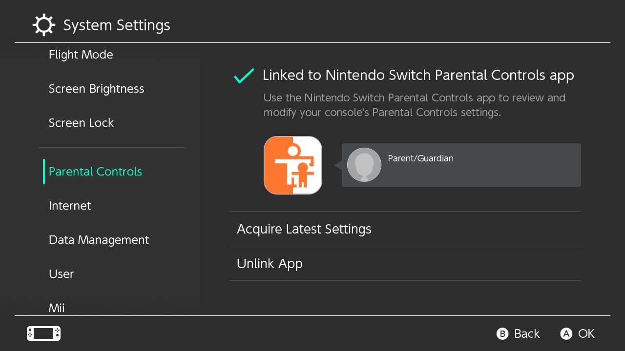 گزینه برنامه Nintendo Switch Unlink Parental Controls