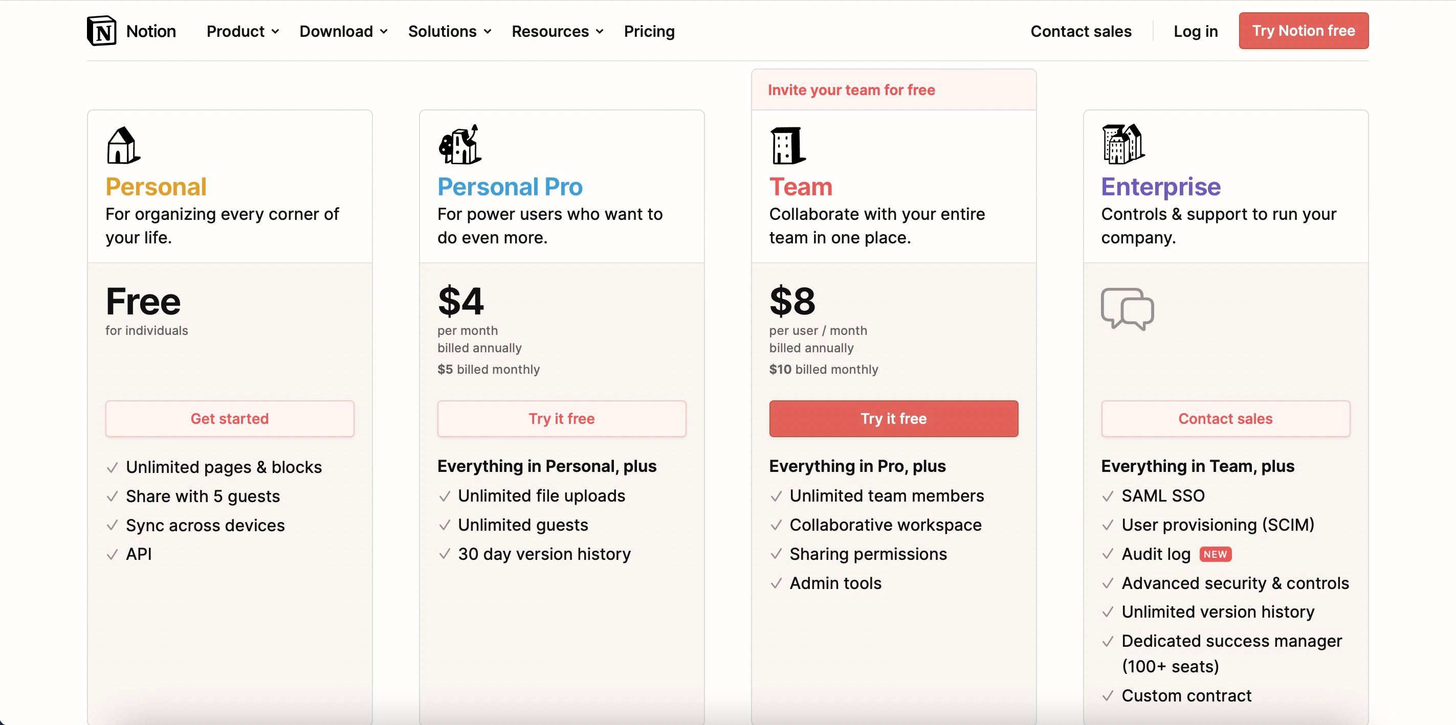 Screenshot showing Notion's pricing page