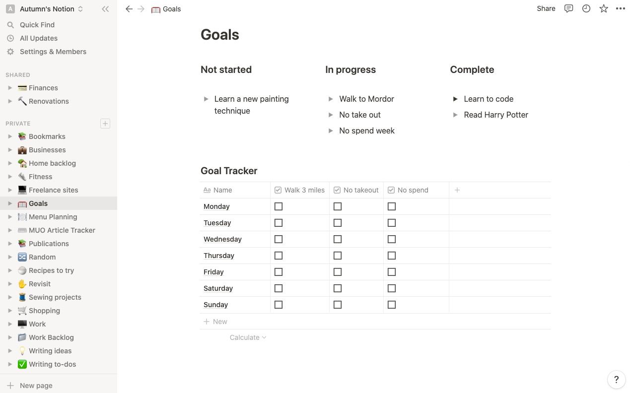 Goals list in project management software
