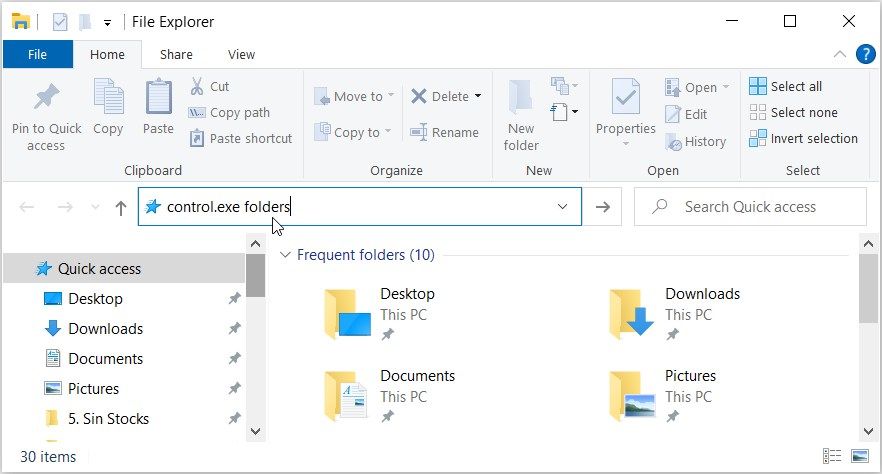 Opening Folder Options using the File Explorer address bar