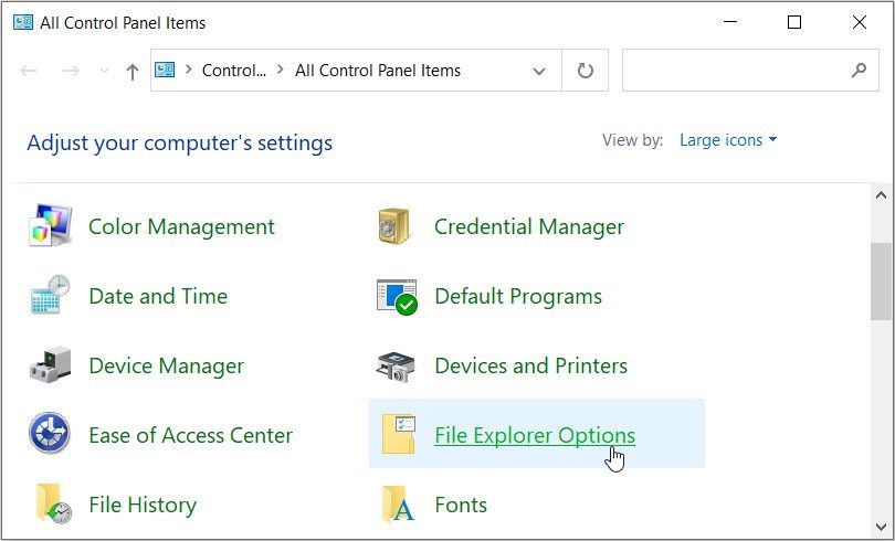 Opening the Folder Options using the Control Panel