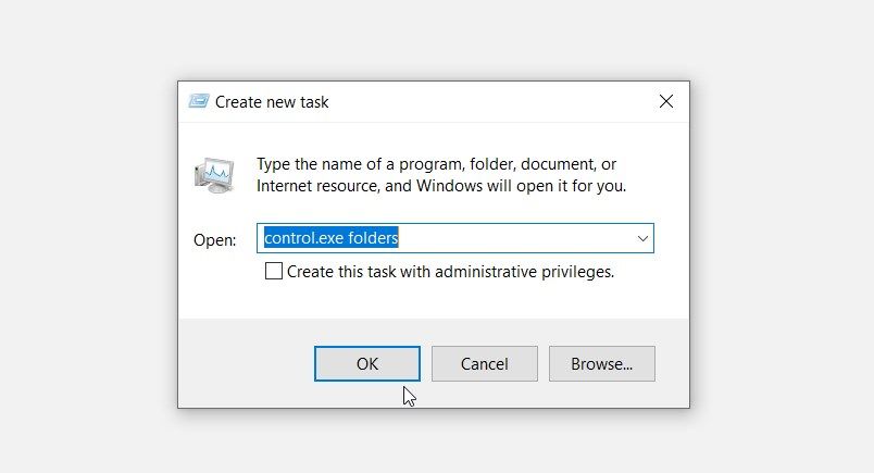Opening the Folder Options using the Task Manager