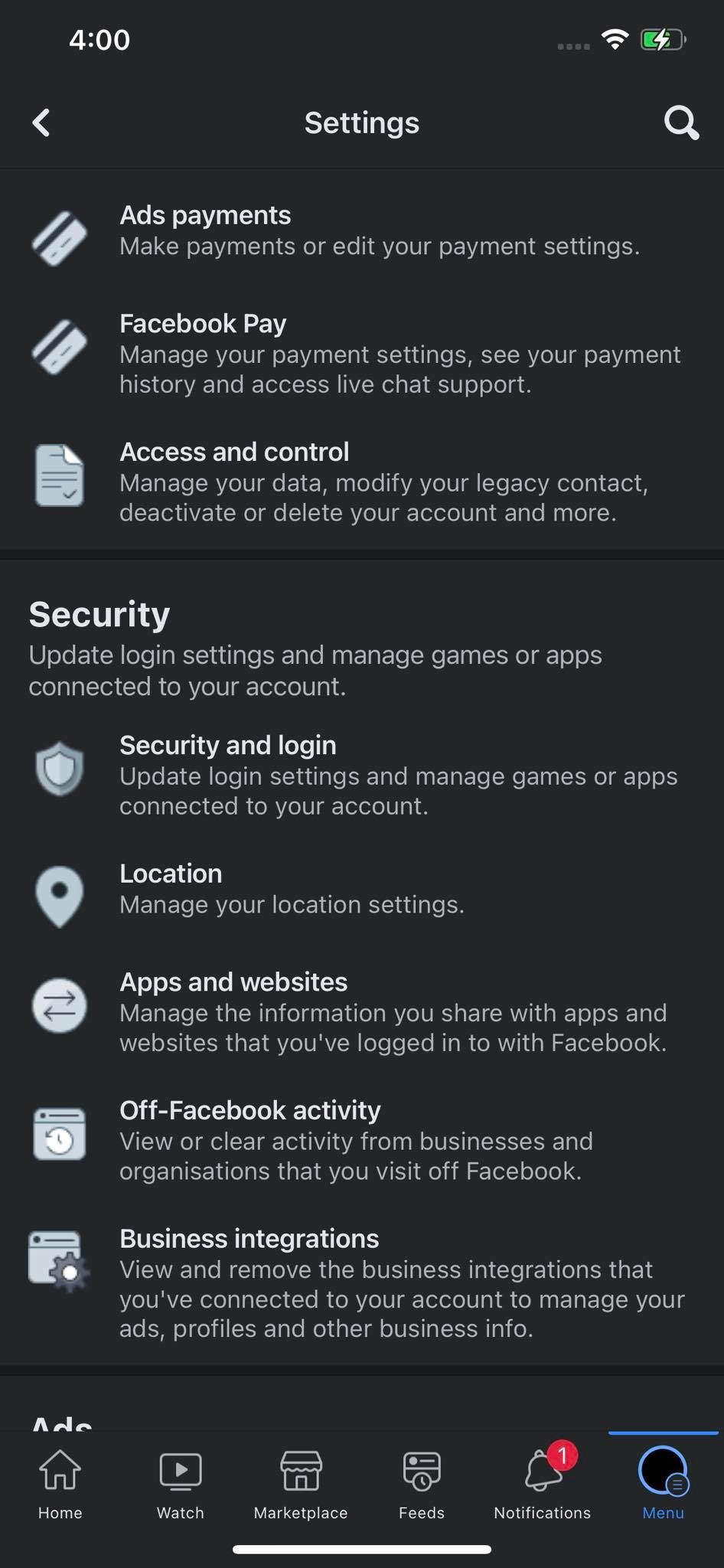 Opening the Security and Login Settings in Facebook for iOS