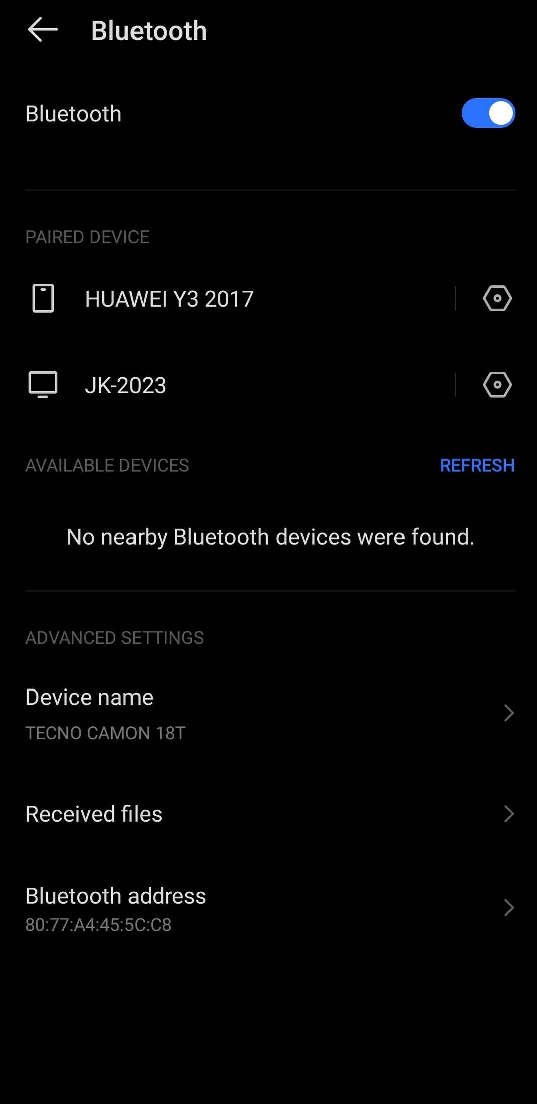 Bluetooth settings showing paired devices