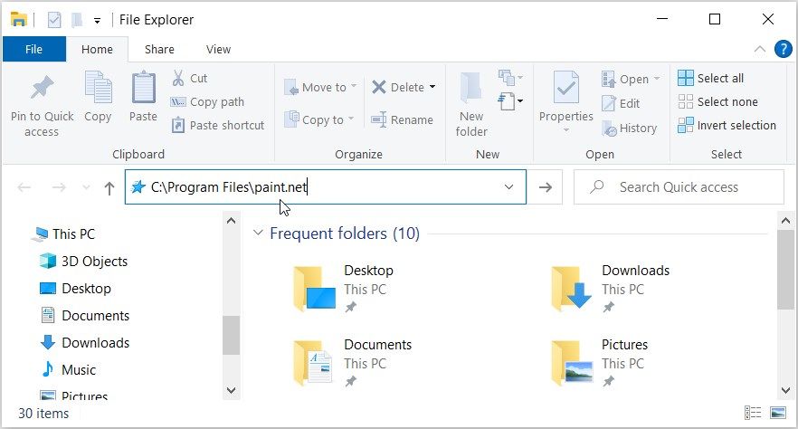 Pasting a file path in the File Explorer address bar