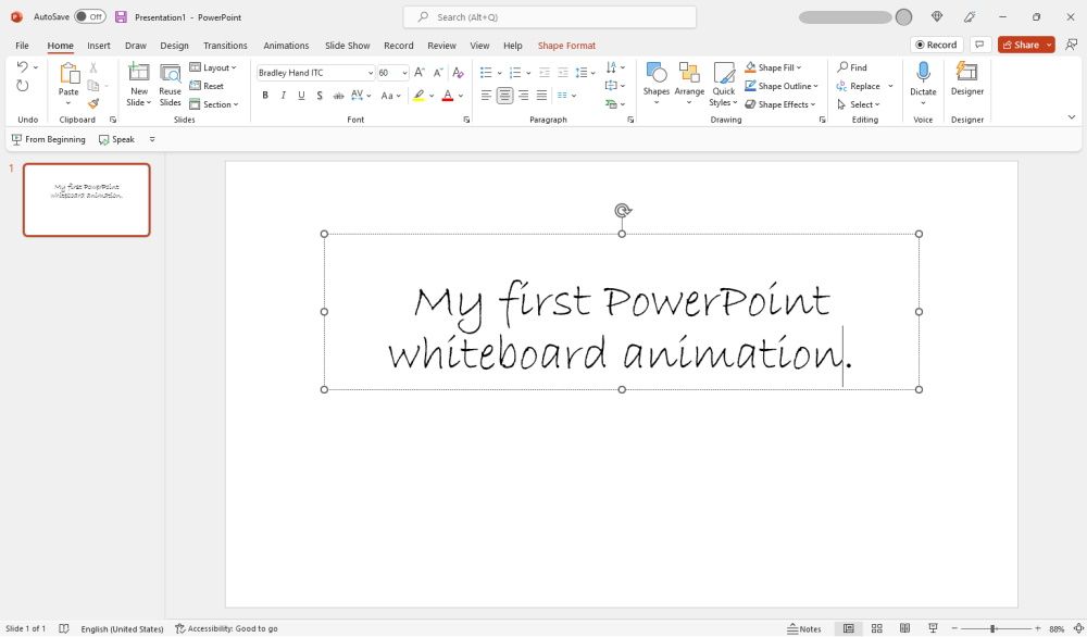 PowerPoint whiteboard animation showing new text font