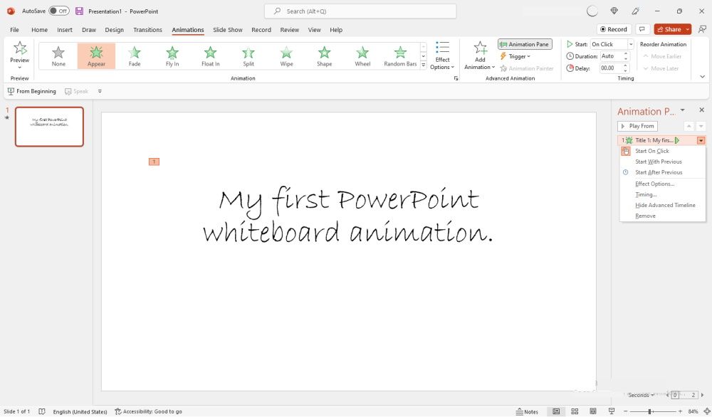 PowerPoint whiteboard animation showing Effect Options