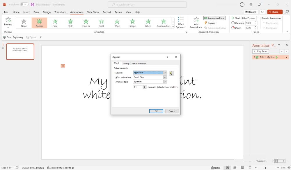 PowerPoint whiteboard animation showing delay timer settings