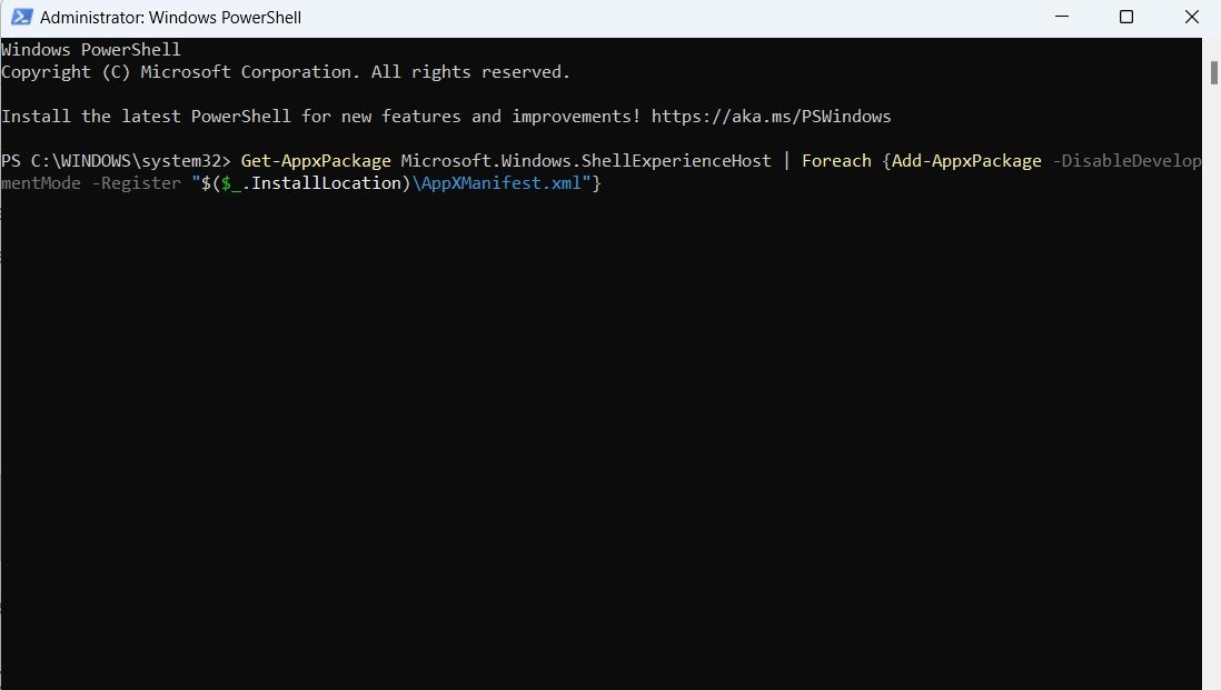 Command to Re-Register Start Menu written on PowerShell Window