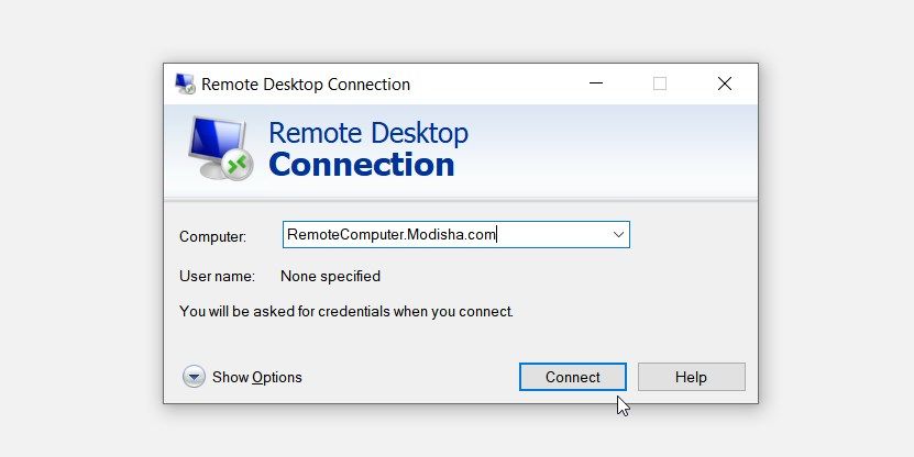 Pressing the “Connect” button on the “Remote Desktop Connection” screen