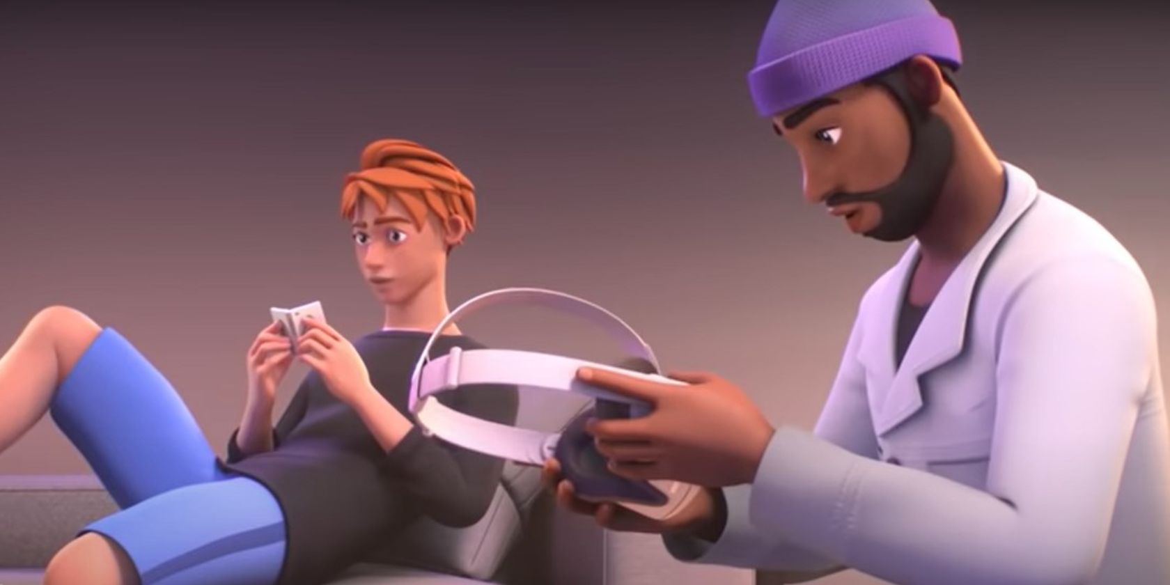CGI of two men unboxing a Quest 2 headset