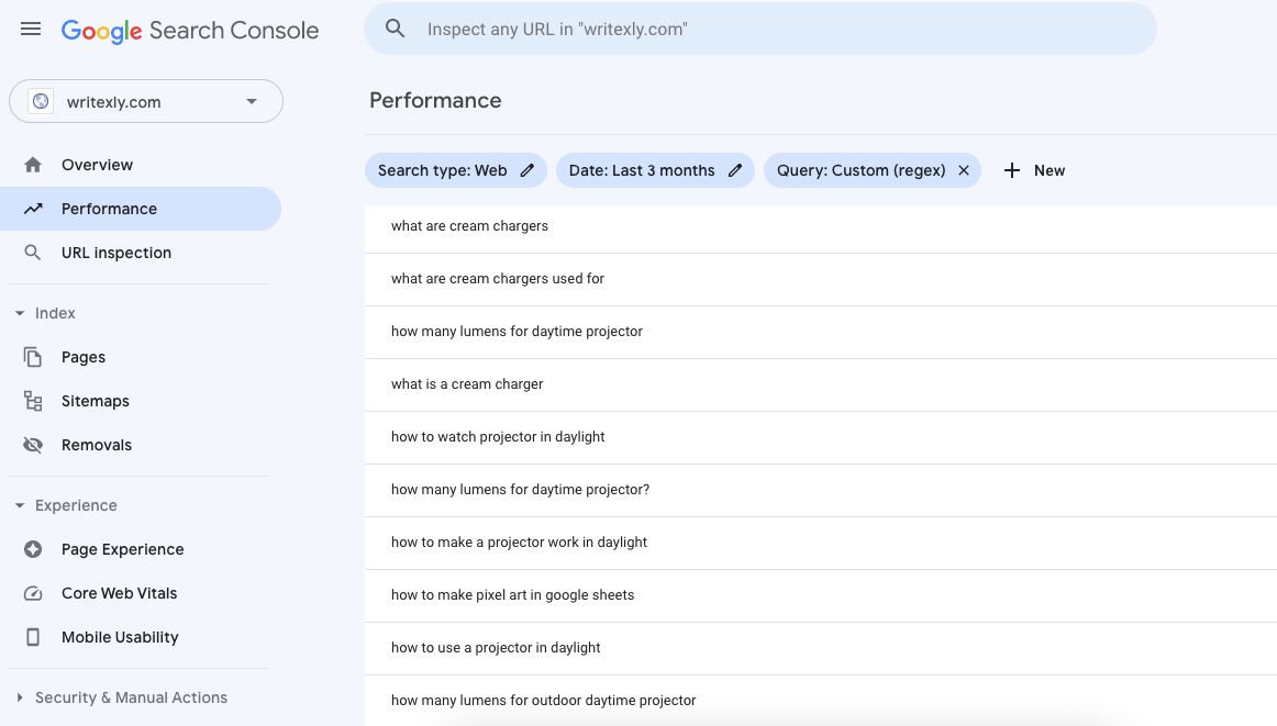 Question related queries results in Google Search Console Screenshot