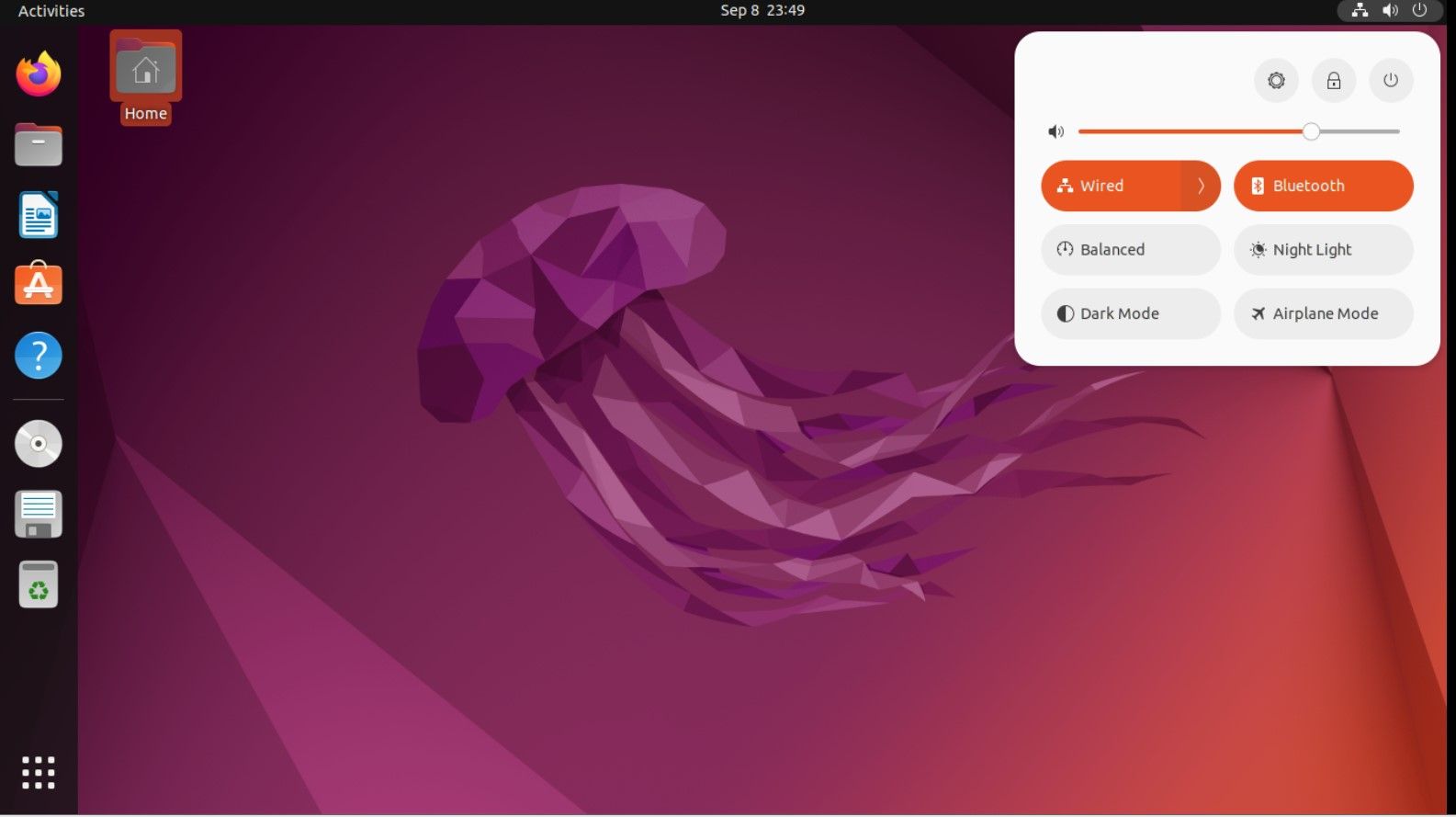 Quick Toggles window on Ubuntu 22.10 desktop