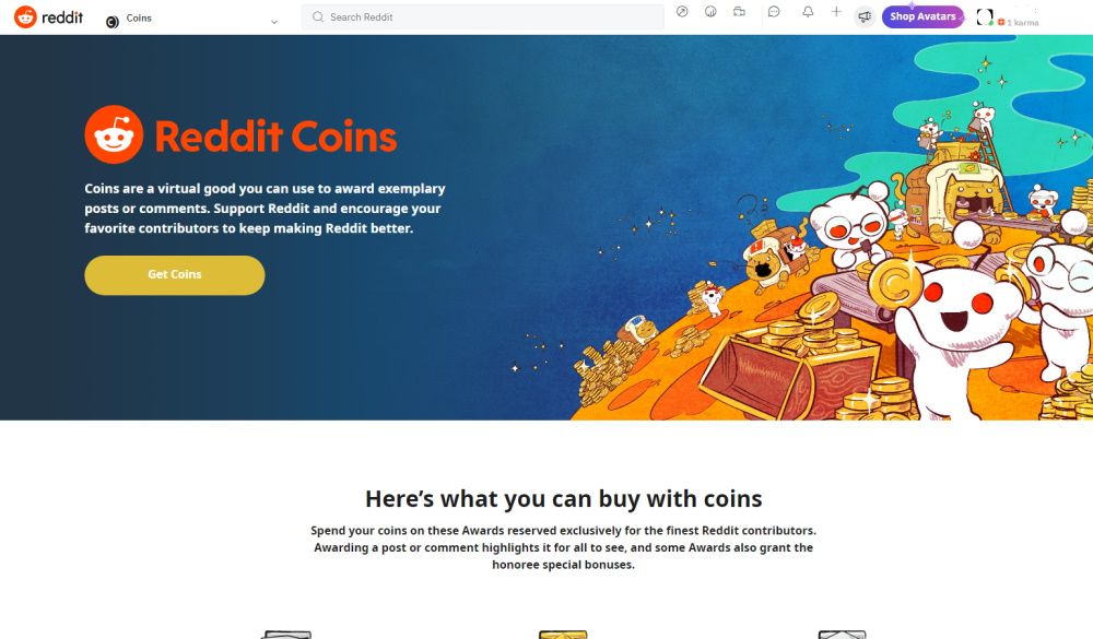 Reddit Coins homepage showing coins