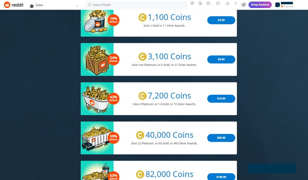 Pricing tiers for Reddit Coins